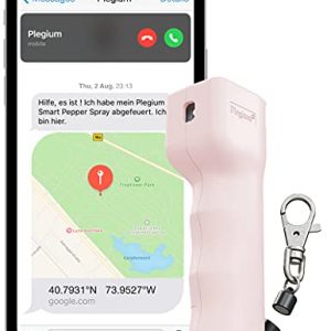 Plegium Smart Mini-Pfefferspray zur Selbstverteidigung. 3-in-1, kostenlose Nachrichten & Notrufe. Schlüsselbund mit magnetischem Schnellverschluss. 3 Meter Reichweite. In Geschenkbox verpackt. (Rosa)
