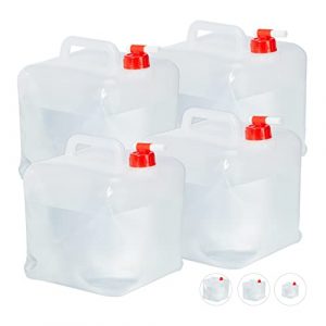 Relaxdays Faltkanister 4er Set, 10 l, Hahn, Schraubdeckel, Tragegriff, Wasserkanister Camping, BPA-frei, transparent/rot
