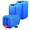plasteo 3X 25 Liter Getränke- Wasserkanister mit 1 Hahn und 3 Schraubdeckel (DIN 61) | Lebensmittelecht | Tragbar | Indoor und Outdoor | BPA Frei Blau