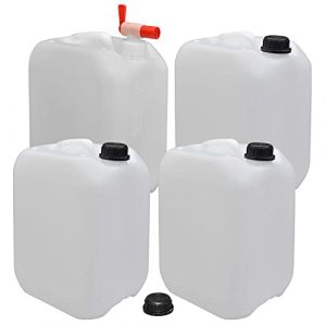 plasteo 4er Set: 10 Liter Getränke- Wasserkanister Natur mit 1 Hahn und 4 Schraubdeckel (DIN 45) | Lebensmittelecht | Tragbar | Indoor und Outdoor | BPA Frei