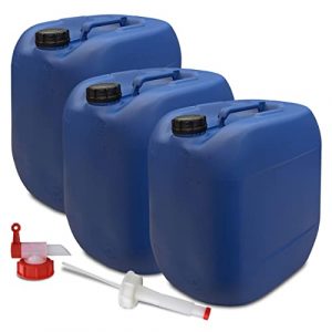 plasteo Set 3 x 30 Liter Getränke- Wasserkanister mit 1 Hahn + 1 flexiblem Ausgießer und 3 Schraubdeckel (DIN 61) | Lebensmittelecht | Tragbar | Indoor und Outdoor | BPA Frei Blau