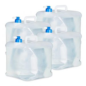 Relaxdays Faltkanister 4er Set, 15 l, Hahn, Schraubdeckel, Griff, Wasserkanister Camping, BPA-frei, transparent/blau