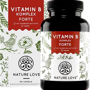NATURE LOVE® Vitamin B Komplex Forte – Mit 500 µg Vitamin B12 pro Tagesdosis – 180 Kapseln (6 Monate). Mit bio-aktiven Vitamin B Formen – bis zu 10-fach höher dosiert als andere Vitamin B Komplexe