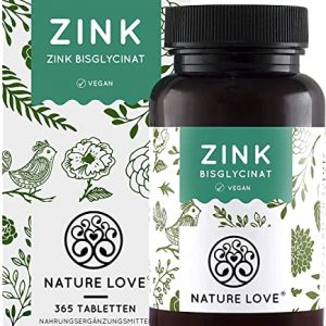 NATURE LOVE® Zink – 365 Tabletten (1 Jahr) – Hochdosiert (25mg): Zink-Bisglycinat (Zink Chelat) von Albion® – Hoch bioverfügbar, vegan, laborgeprüft, in Deutschland produziert