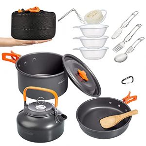 Overmont Camping Kochgeschirr Set Outdoor Geschirr Set Kochtopf Set Grillgeschirr Picknick Topf mit Kaffeekanne Teekanne Aluminium