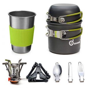 Odoland Camping Geschirr Set 9-teiliges Outdoor Kochgeschirr Aluminium Camping Töpfe Becher Faltbare Besteck Mini Campingkocher für Outdoor Picknick Wandern