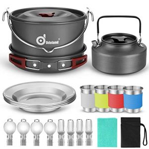 Odoland Camping Geschirr Set Outdoor Kochgeschirr 22-teiliges Camping Kochgeschirr Set 4L Faltbare Kochtopf 1.6 L Camping Teekessel 1.5 L Pfanne für Outdoor Kochen Picknick Wandern 4 Personen