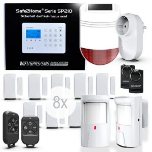 Safe2Home® Funk Alarmanlage Großes Set SP210 mit Sabotageschutz u Lichtsteuerung – deutsch – GSM WiFi Alarmsystem SMS Alarmierung – Alarmanlagen fürs Haus Büro inkl. Zubehör und Sensoren