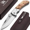 Wolfgangs MUTATIO Zweihand Klappmesser aus feinstem 440C Stahl – Outdoor Messer mit hochwertigem Wurzelholz Griff – Das perfekte Survival Messer oder Camping Messer – inkl. Echt-Leder Gürteltasche