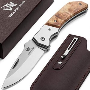 Wolfgangs MUTATIO Zweihand Klappmesser aus feinstem 440C Stahl – Outdoor Messer mit hochwertigem Wurzelholz Griff – Das perfekte Survival Messer oder Camping Messer – inkl. Echt-Leder Gürteltasche